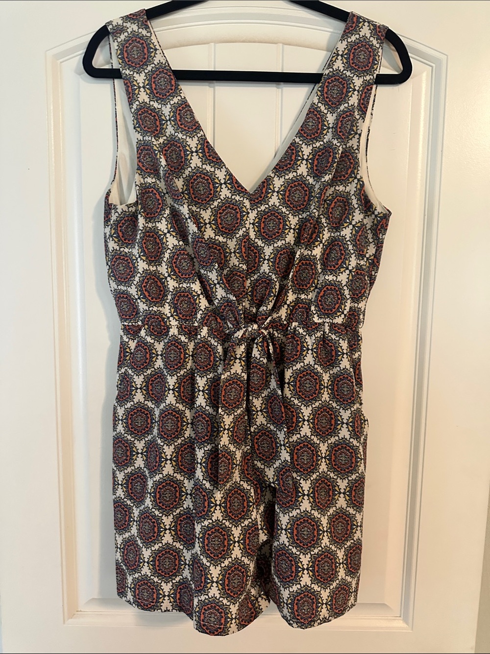 Lily Rose Sleeveless Medallion Print Romper in Cream, Rust & Navy
